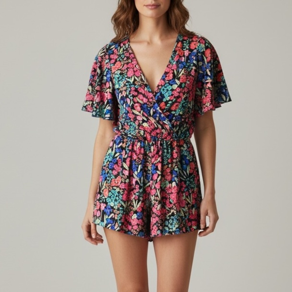 Dreimp Black Floral Romper Short Sleeve Womens Medium